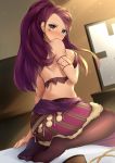  1girl brown_eyes closed_mouth commission earrings facial_mark fire_emblem fire_emblem:_three_houses from_behind jewelry jokerace03 long_hair looking_back pantyhose petra_macneary ponytail purple_hair sitting solo 