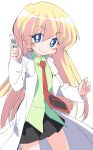  1girl black_skirt blonde_hair blue_eyes blush_stickers eyebrows_visible_through_hair green_shirt ixy labcoat long_hair long_sleeves looking_at_viewer necktie pani_poni_dash! pleated_skirt rebecca_miyamoto red_neckwear shirt simple_background skirt smile solo white_background 