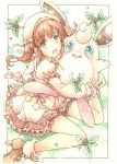  1girl brown_eyes brown_hair colored_pencil_(medium) crossover frills gen_1_pokemon highres idolmaster idolmaster_cinderella_girls inori_(pokemoart) leaf looking_at_viewer ogata_chieri open_mouth plant pokemon pokemon_(creature) traditional_media wigglytuff 