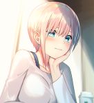  1girl bangs blue_eyes blush breasts closed_mouth coffee_cup commentary_request cup disposable_cup earrings go-toubun_no_hanayome hair_between_eyes hand_on_own_cheek hand_on_own_chin highres jewelry kakaon large_breasts long_sleeves looking_at_viewer nakano_ichika photoshop_(medium) pink_hair shirt short_hair solo strap 
