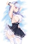  1girl absurdres alternate_costume apron armpits arms_up ass azur_lane bangs black_hairband blunt_bangs blush bracelet breasts dido_(azur_lane) enmaided eyebrows_visible_through_hair frills garter_straps hairband highres jewelry kanno_esuto large_breasts long_hair looking_at_viewer maid panties sideboob silver_hair simple_background skirt skirt_lift sleeveless solo standing thigh-highs under_boob underboob_cutout underwear violet_eyes waist_apron white_apron white_legwear white_panties 