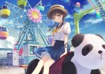  1girl aircraft amusement_park bangs black_hair blue_eyes blue_sailor_collar blue_skirt blue_sky blush bow braid brown_headwear bubble clouds commentary_request day eyebrows_visible_through_hair ferris_wheel fukahire_(ruinon) hat hot_air_balloon long_hair looking_at_viewer original outdoors panda parted_lips pleated_skirt puffy_short_sleeves puffy_sleeves sailor_collar school_uniform serafuku shirt short_sleeves short_twintails sitting skirt sky solo twin_braids twintails white_shirt yellow_bow 