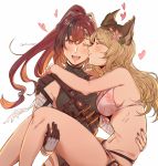  2girls animal_ears bandages bikini bikini_bottom bikini_top blonde_hair blush carrying cheek_kiss closed_eyes erune flower gloves granblue_fantasy hair_flower hair_ornament heart kiss long_hair mari_(granblue_fantasy) meg_(granblue_fantasy) multiple_girls navel one_eye_closed open_mouth ponytail princess_carry redhead simple_background smile swimsuit yukari_(bryleluansing) yuri 