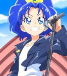  1girl absurdres anime_coloring blue_eyes blue_hair blue_jacket blue_sky blurry blurry_background bow clouds collarbone day dearigazu2001 grin hair_bow hair_intakes highres holding holding_microphone jacket kirakira_precure_a_la_mode long_hair long_sleeves microphone microphone_stand open_clothes open_jacket outdoors precure shiny shiny_hair shirt sky smile solo standing tategami_aoi upper_body white_shirt yellow_bow 