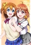  2girls ahoge bangs birthday blue_eyes braid breasts character_name check_commentary clover_hair_ornament collarbone commentary_request english_text eyebrows_visible_through_hair hair_ornament hair_ribbon happy_birthday highres holding_hands kousaka_honoka love_live! love_live!_school_idol_project love_live!_sunshine!! medium_breasts miniskirt multiple_girls orange_hair otonokizaka_school_uniform red_eyes ribbon school_uniform shiimai shiny shiny_hair short_hair short_sleeves side_braid side_ponytail skirt takami_chika uranohoshi_school_uniform 