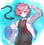  1girl animal black_dress blush breasts collared_shirt commentary_request dress eel eyebrows_visible_through_hair fate/grand_order fate_(series) from_above grin hair_over_one_eye long_sleeves mash_kyrielight mr.doukotsu partially_submerged red_neckwear shirt short_hair single_bare_shoulder sketch sleeveless sleeveless_dress smile solo violet_eyes 