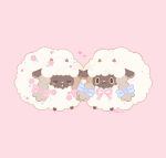  absurdres artist_name black_eyes blue_bow blush_stickers bow closed_eyes closed_mouth commentary eyelashes gen_8_pokemon heart highres kikkorii no_humans open_mouth pink_background pink_ribbon pokemon pokemon_(creature) ribbon wooloo yuri 