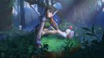  1girl asymmetrical_clothes black_hair closed_eyes dams final_fantasy final_fantasy_vii flower forehead_protector forest grass hand_on_own_face highres nature short_hair shuriken sitting tree weapon weapon_on_back wheat yuffie_kisaragi 