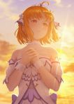  1girl antenna_hair bangs bare_shoulders blush clouds detached_sleeves earrings hands_together highres jewelry looking_to_the_side love_live! love_live!_sunshine!! medium_hair orange_hair outdoors papi_(papiron100) red_eyes see-through short_sleeves sky smile solo sun sunlight sunset takami_chika two-tone_dress upper_body wrist_cuffs 