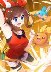  1girl :d armpits bangs bike_shorts blue_eyes bow_hairband breasts brown_hair clenched_hand commentary_request eyebrows_visible_through_hair eyelashes fanny_pack fingernails gen_3_pokemon hairband haruka_(pokemon) highres light_blush mudkip open_mouth pokemon pokemon_(creature) pokemon_(game) pokemon_oras red_hairband shiny shiny_hair shorts smile takosuke0624 tongue torchic white_shorts 