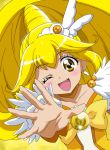  1girl ;d absurdres anime_coloring bangs blonde_hair blush bow brown_eyes choker collarbone cure_peace dearigazu2001 eyebrows_visible_through_hair hair_between_eyes highres long_hair looking_at_viewer one_eye_closed open_mouth outstretched_hand precure shiny shiny_hair smile smile_precure! solo tied_hair upper_body yellow_background yellow_bow yellow_choker 