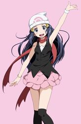  1girl :d arm_up armpits bangs beanie black_eyes black_hair black_legwear black_shirt blush bracelet hair_ornament hairclip hat highres hikari_(pokemon) jewelry kneehighs long_hair looking_at_viewer nail_polish open_mouth pink_background pink_skirt pokemon pokemon_(game) pokemon_dppt red_scarf scarf shirt simple_background skirt sleeveless smile solo tsukishiro_saika upper_teeth white_headwear wristband 