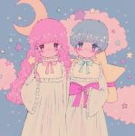  1boy 1girl blue_eyes blue_hair blush bow clouds commentary_request crescent_moon expressionless frilled_sleeves frills highres holding holding_wand kiki_(little_twin_stars) lala_(little_twin_stars) little_twin_stars long_hair looking_at_viewer maumauma_maumau moon nightgown otoko_no_ko pink_eyes pink_hair sanrio short_hair standing star_(sky) star_(symbol) star_wand wand 