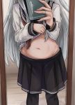  1girl black_legwear head_out_of_frame hibiki_(kantai_collection) highres holding indoors kantai_collection kuuru_(kuuru-n) lifted_by_self long_hair long_sleeves mirror navel neckerchief pleated_skirt school_uniform self_shot serafuku shirt_lift silver_hair skirt stomach thigh-highs 