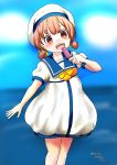  1girl blue_sailor_collar blue_sky blurry brown_eyes brown_hair clouds commentary_request depth_of_field dress feet_out_of_frame food hair_rings hat highres horizon kaiboukan_no._4_(kantai_collection) kantai_collection long_hair low_twintails ocean open_mouth popsicle sailor_collar sailor_dress sailor_hat senon short_sleeves sky smile solo twintails upper_teeth white_dress white_headwear 