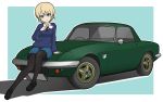  1girl absurdres black_legwear blonde_hair blue_eyes blue_sweater braid car cup darjeeling_(girls_und_panzer) girls_und_panzer ground_vehicle highres kano_(nakanotakahiro1029) legs motor_vehicle pantyhose school_uniform sweater teacup 