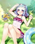  1girl arm_up blue_hair blush bucchake_(asami) casual_one-piece_swimsuit footwear_removed hand_on_own_head innertube knees_up koihime_musou legs lying official_art on_back one-piece_swimsuit open_mouth ribbon sandals short_hair smile solo swimsuit swimsuit_skirt thighs toutaku violet_eyes 