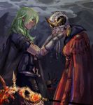  1boy 2girls absurdres after_battle axe aymr_(weapon) benchmarkz byleth_(fire_emblem) byleth_eisner_(female) cape clouds death dimitri_alexandre_blaiddyd edelgard_von_hresvelg fire_emblem fire_emblem:_three_houses gloves green_hair hands_on_another&#039;s_face highres horned_headwear looking_at_another medium_hair multiple_girls rain silver_hair standing tiara 