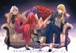  1boy 1girl alternate_costume ascot black_bow black_choker blonde_hair blue_eyes blue_flower blue_ribbon bouquet bow buttons caenis_(fate) cane choker closed_mouth collarbone couch dark_skin dress eyebrows_visible_through_hair fate/grand_order fate_(series) flower formal gloves hair_between_eyes hair_ribbon holding holding_cane jacket kirschtaria_wodime long_hair looking_at_another looking_to_the_side petals ponytail red_bow red_dress red_flower ribbon side_ponytail sitting smile suit tsengyun white_gloves white_hair 