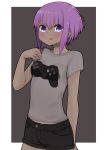  1girl bangs black_shorts blush dark_skin eyebrows_visible_through_hair fate/prototype fate/prototype:_fragments_of_blue_and_silver fate_(series) grey_shirt hair_between_eyes hand_up hassan_of_serenity_(fate) highres i.u.y parted_lips playstation_controller print_shirt purple_hair shirt short_hair short_shorts short_sleeves shorts sidelocks smile solo violet_eyes 