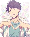  1boy ;d brown_eyes brown_hair character_name commentary_request floral_background green_shirt haikyuu!! heart heart_hands jacket looking_at_viewer male_focus mashima_shima oikawa_tooru_(haikyuu!!) one_eye_closed open_clothes open_jacket open_mouth shirt smile solo twitter_username upper_body upper_teeth white_background white_jacket 