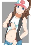  1girl absurdres baseball_cap blue_eyes blue_shorts blush brown_hair collarbone denim denim_shorts grey_background groin hat high_ponytail highres hilda_(pokemon) lifted_by_self long_hair looking_at_viewer midriff navel negimiso1989 open_mouth poke_ball_print pokemon pokemon_(game) pokemon_bw print_headwear pulled_by_self shiny shiny_hair shirt shirt_lift short_shorts shorts shorts_pull sleeveless sleeveless_shirt solo standing stomach two-tone_background white_background white_headwear white_shirt 