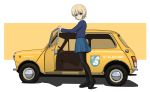  1girl absurdres black_legwear blonde_hair blue_eyes blue_sweater braid car darjeeling_(girls_und_panzer) girls_und_panzer ground_vehicle highres kano_(nakanotakahiro1029) legs motor_vehicle pantyhose school_uniform sweater 