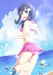  1girl :d absurdres bangs barefoot bikini bikini_skirt blue_eyes blue_hair blue_sky blush clouds day dutch_angle eyebrows_visible_through_hair floating_hair gen_4_pokemon hair_between_eyes hair_ornament hairclip halterneck highres hikari_(pokemon) long_hair looking_at_viewer negimiso1989 ocean open_mouth outdoors outstretched_arms pink_bikini pink_ribbon pink_skirt piplup pleated_skirt pokemon pokemon_(game) pokemon_dppt reaching_out ribbon shiny shiny_hair shoulder_blades skirt sky smile soles solo standing standing_on_one_leg starter_pokemon swimsuit 
