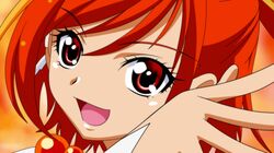  1girl :d anime_coloring bangs blurry blurry_background cure_sunny dearigazu2001 eyebrows_visible_through_hair hair_between_eyes highres open_mouth ponytail portrait precure red_eyes redhead short_hair smile smile_precure! solo 