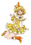  1girl absurdres anime_coloring bangs blonde_hair boots bow breasts brown_eyes choker collarbone cure_pine dearigazu2001 dress earrings eyebrows_visible_through_hair fresh_precure! full_body hair_between_eyes hair_bow hair_ornament heart heart_earrings heart_hair_ornament high_heel_boots high_heels highres jewelry kneehighs layered_dress looking_at_viewer one_side_up orange_bow orange_choker orange_footwear precure red_legwear shiny shiny_hair short_dress short_hair short_sleeves simple_background small_breasts solo white_background yellow_dress 