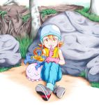  1daijida 1girl blue_pants day digimon digimon_adventure finger_to_mouth gloves grey_footwear grin helmet index_finger_raised looking_at_viewer orange_eyes orange_hair outdoors pants pink_gloves shiny shiny_hair shoes short_hair sitting sleeping smile sneakers solo takenouchi_sora yokomon 