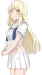  1girl bangs blonde_hair blush breasts collarbone copyright_request cowboy_shot eyebrows_visible_through_hair large_breasts long_hair looking_at_viewer medium_breasts midriff_peek navel shirt shiseki_hirame simple_background skirt smile solo wet wet_clothes white_background white_shirt white_skirt wringing_clothes yellow_eyes 