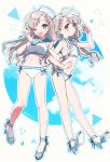  2girls arm_hug banirou bikini blue_eyes blue_footwear blue_sailor_collar blush braid breasts brown_eyes clouds grey_hair hair_ribbon hat high_heels highres hisakawa_hayate hisakawa_nagi idolmaster idolmaster_cinderella_girls idolmaster_cinderella_girls_starlight_stage large_breasts long_hair multiple_girls one_eye_closed open_mouth ribbon sailor_bikini sailor_collar sailor_hat sailor_swimsuit_(idolmaster) sidelocks sky swimsuit twitter_username white_headwear 