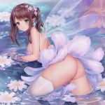 1girl ass blush breasts brown_hair chinese_commentary commentary_request dress eyebrows_visible_through_hair fairy fairy_wings flower flower_on_liquid garter_belt green_eyes hair_between_eyes hair_flower hair_ornament haneru highres looking_at_viewer medium_breasts medium_hair original panties partially_submerged pointy_ears smile solo thigh-highs twitter_username two_side_up underwear water wet white_dress white_legwear white_panties wings 