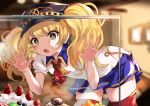  +_+ 1girl blonde_hair blurry blurry_background brown_legwear cake commentary_request eyebrows_visible_through_hair food fruit glass_container hands_against_glass hat highres kerchief maou_(maoudaisukiya) miniskirt monika_weisswind open_mouth pastry princess_connect! princess_connect!_re:dive short_twintails skirt solo strawberry twintails 
