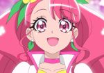  1girl :d anime_coloring asymmetrical_bangs bangs blurry blurry_background choker collarbone cure_grace dearigazu2001 earrings eyebrows_visible_through_hair flower hair_flower hair_ornament healin&#039;_good_precure highres jewelry long_hair looking_at_viewer open_mouth pink_choker pink_eyes pink_hair portrait precure shiny shiny_hair smile solo yellow_flower 