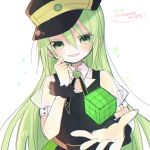  1girl alina_gray belt black_skirt black_vest bow bracelet collar cube eyebrows_visible_through_hair green_eyes green_hair hand_up hat jewelry kono_yo_no_inga_wo_hazureta_mono long_hair looking_at_viewer magia_record:_mahou_shoujo_madoka_magica_gaiden mahou_shoujo_madoka_magica outstretched_arm see-through_sleeves shirt short_sleeves skirt smile smirk upper_body vest white_background white_shirt 