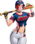  1girl alternate_costume artist_request baseball_bat baseball_helmet baseball_jersey baseball_uniform breasts bubble_blowing chewing_gum choker collarbone cowboy_shot crop_top elbow_pads eye_black glint gloves helmet lips looking_at_viewer medium_breasts midriff navel official_art red_eyes redhead short_hair solo sportswear suspenders the_king_of_fighters_all-stars transparent_background vanessa_(king_of_fighters) 