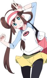  1girl arm_up bag black_legwear blue_eyes blush brown_hair clenched_teeth double_bun ixy long_hair looking_at_viewer mei_(pokemon) pantyhose pokemon pokemon_(game) pokemon_bw2 raglan_sleeves shorts simple_background solo teeth twintails v visor_cap white_background yellow_shorts 