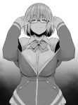  1girl bangs barlunn bow bowtie breasts closed_mouth commentary_request eyebrows_visible_through_hair glasses greyscale hands_up highres large_breasts long_sleeves looking_at_viewer monochrome school_uniform shinjou_akane shirt short_hair smile solo ssss.gridman 