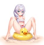  1girl absurdres bangs bare_shoulders bikini blue_eyes blush character_request closed_mouth collarbone duck_innertube eyebrows_visible_through_hair frilled_bikini frills front_ponytail hair_between_eyes highres honkai_(series) innertube long_hair looking_at_viewer navel sand silver_hair sitting sitting_on_object solo spread_legs stomach swimsuit wet white_background zihn 