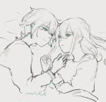  1boy 1girl bed_sheet blanket closed_mouth couple greyscale hair_between_eyes highres ito_(silva) long_hair looking_at_another lying monochrome on_side original signature sketch smile 