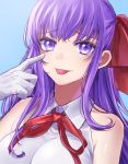  1girl bangs bare_shoulders bb_(fate)_(all) bb_(fate/extra_ccc) blue_background blush breasts closed_mouth fate/extra fate/extra_ccc fate_(series) gloves hair_ribbon highres large_breasts leotard long_hair looking_at_viewer neck_ribbon purple_hair red_ribbon ribbon smile soramame_pikuto tongue tongue_out very_long_hair violet_eyes white_gloves white_leotard 