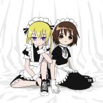  2girls alternate_costume apron black_dress black_footwear black_neckwear black_ribbon blonde_hair blush_stickers brown_eyes brown_hair closed_mouth dress enmaided gloves highres jitome kill_me_baby long_hair looking_at_viewer maid maid_apron maid_headdress multiple_girls nadegata neck_ribbon oribe_yasuna parted_lips ribbon shoes short_sleeves sitting sonya_(kill_me_baby) twintails violet_eyes waist_apron white_apron white_gloves 