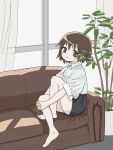  1girl barefoot black_skirt blouse blush_stickers brown_hair closed_mouth couch curtains highres kill_me_baby leg_hug looking_at_viewer miniskirt nadegata oribe_yasuna plant potted_plant short_hair sitting skirt smile solo white_blouse 