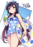  1girl alternate_costume black_hair blue_ribbon blush collarbone cowboy_shot dated drink drinking_straw eyebrows_visible_through_hair gradient_hair green_eyes hat holding holding_drink innertube kantai_collection long_hair matsuwa_(kantai_collection) multicolored_hair odawara_hakone parted_lips polka_dot_headwear ribbon sailor_hat solo twitter_username 