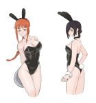  2girls alternate_costume animal_ears arms_behind_back bangs black_choker black_hair braid braided_ponytail breasts brown_hair bunny_girl bunny_tail bunnysuit chainsaw_man choker dd36051 eyebrows green_eyes highres large_breasts leotard makima_(chainsaw_man) medium_breasts medium_hair multiple_girls rabbit_ears reze_(chainsaw_man) ringed_eyes short_hair simple_background smile tail white_background yellow_eyes 
