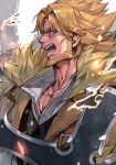  1boy beard blonde_hair blue_eyes brown_coat brown_jacket coat collared_shirt dual_wielding facial_hair fur_trim guilty_gear guilty_gear_strive hankuri holding holding_weapon huge_weapon jacket leo_whitefang looking_to_the_side male_focus open_mouth shirt short_hair simple_background solo spiky_hair sword weapon white_background 