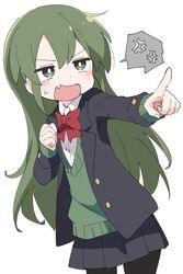  1girl anger_vein black_jacket black_legwear black_skirt blazer blush bow bowtie cardigan fang green_cardigan green_eyes green_hair igarashi_futaba_(shiromanta) ixy jacket long_hair long_sleeves looking_away open_mouth pantyhose pleated_skirt red_neckwear school_uniform senpai_ga_uzai_kouhai_no_hanashi simple_background skirt solo spoken_anger_vein sweatdrop white_background 