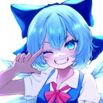  1girl ;d blue_bow blue_eyes blue_hair bow bowtie cirno commentary_request hair_bow highres looking_at_viewer mikan_(manmarumikan) one_eye_closed red_bow red_bowtie short_hair short_sleeves simple_background smile solo touhou upper_body white_background 